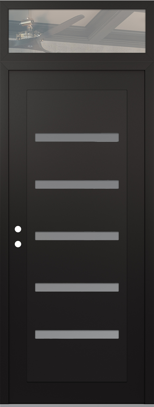 Modern Steel Front Door DIAMOND C7 36" X 96" BLACK/WHITE FROSTED GLASS PANEL BLACK RHI WITH TRANSOM CLEAR GLASS