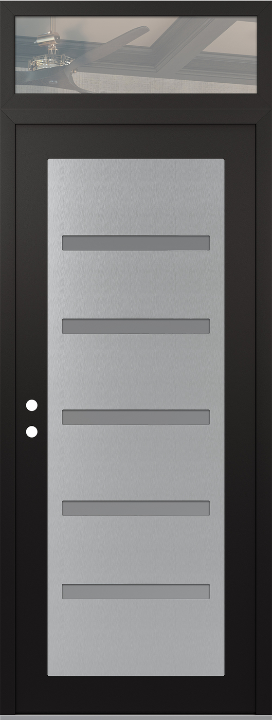 Modern Steel Front Door DIAMOND C7 36" X 96" BLACK/WHITE FROSTED GLASS PANEL STAINLESS STEEL RHI WITH TRANSOM CLEAR GLASS
