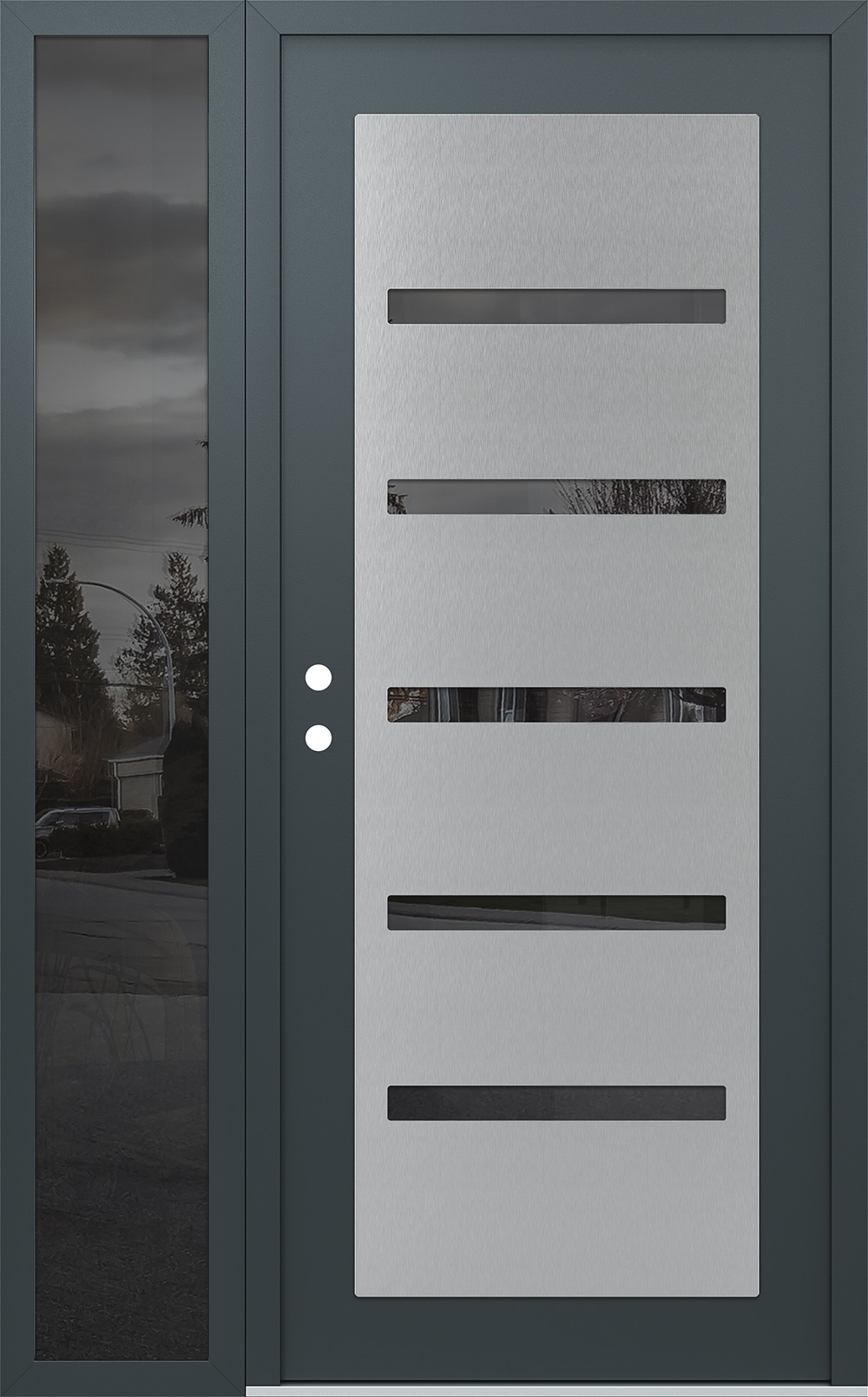Modern Steel Front Door Diamond C7 48" x 80" anthracite/anthracite mirrored Glass Panel stainless steel RHI with Sidelite mirrored Glass