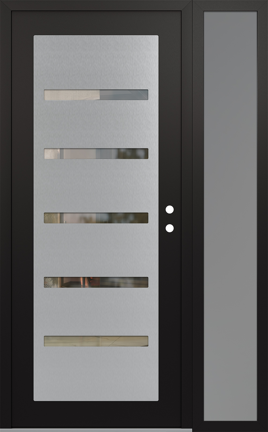 Modern Steel Front Door Diamond C7 48" x 80" black/black clear Glass Panel stainless steel LHI with Sidelite frosted Glass