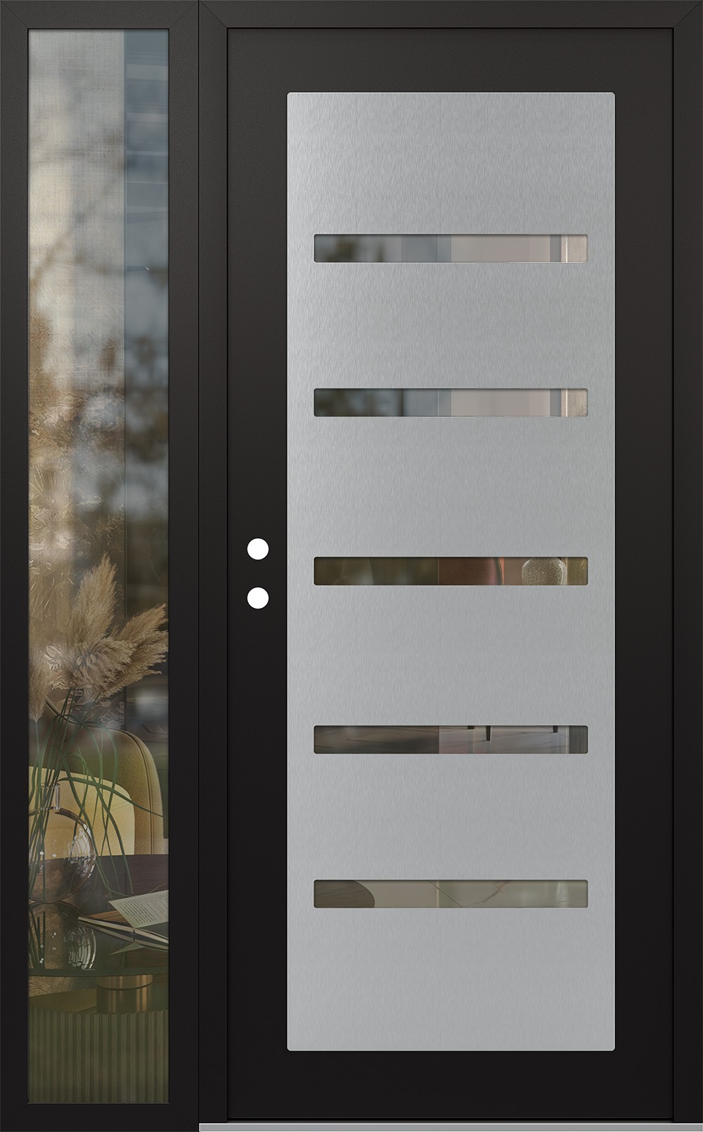 Modern Steel Front Door Diamond C7 48" x 80" black/black clear Glass Panel stainless steel RHI with Sidelite clear Glass