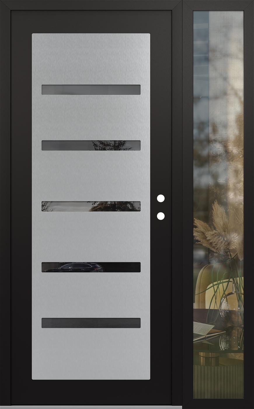 Modern Steel Front Door Diamond C7 48" x 80" black/black mirrored Glass Panel stainless steel LHI with Sidelite clear Glass