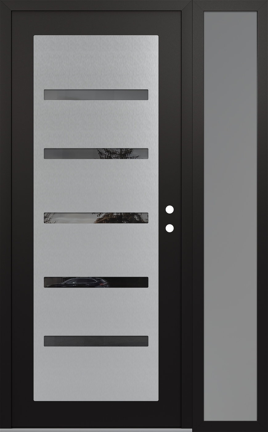 Modern Steel Front Door Diamond C7 48" x 80" black/black mirrored Glass Panel stainless steel LHI with Sidelite frosted Glass