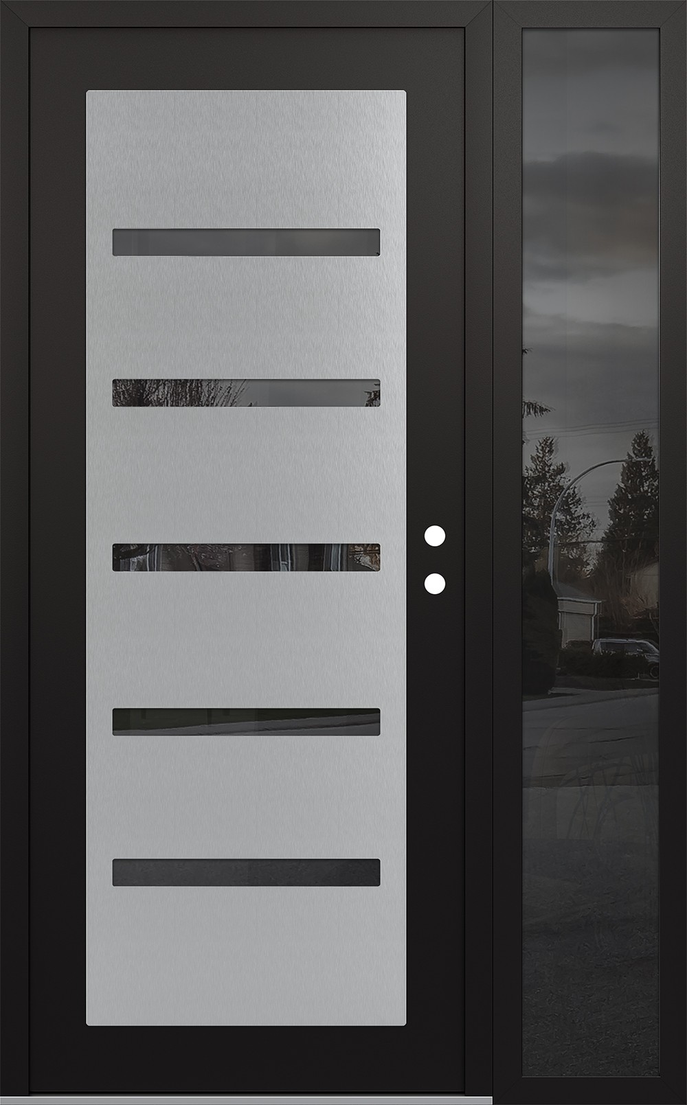 Modern Steel Front Door Diamond C7 48" x 80" black/black mirrored Glass Panel stainless steel LHI with Sidelite mirrored Glass