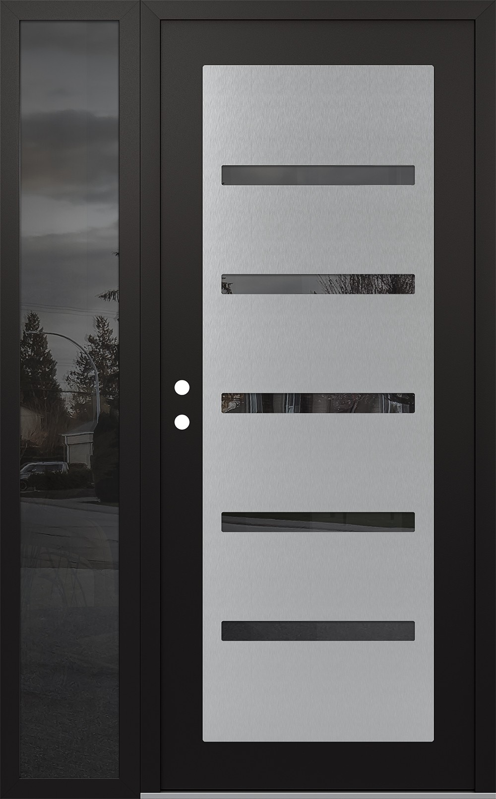 Modern Steel Front Door Diamond C7 48" x 80" black/black mirrored Glass Panel stainless steel RHI with Sidelite mirrored Glass