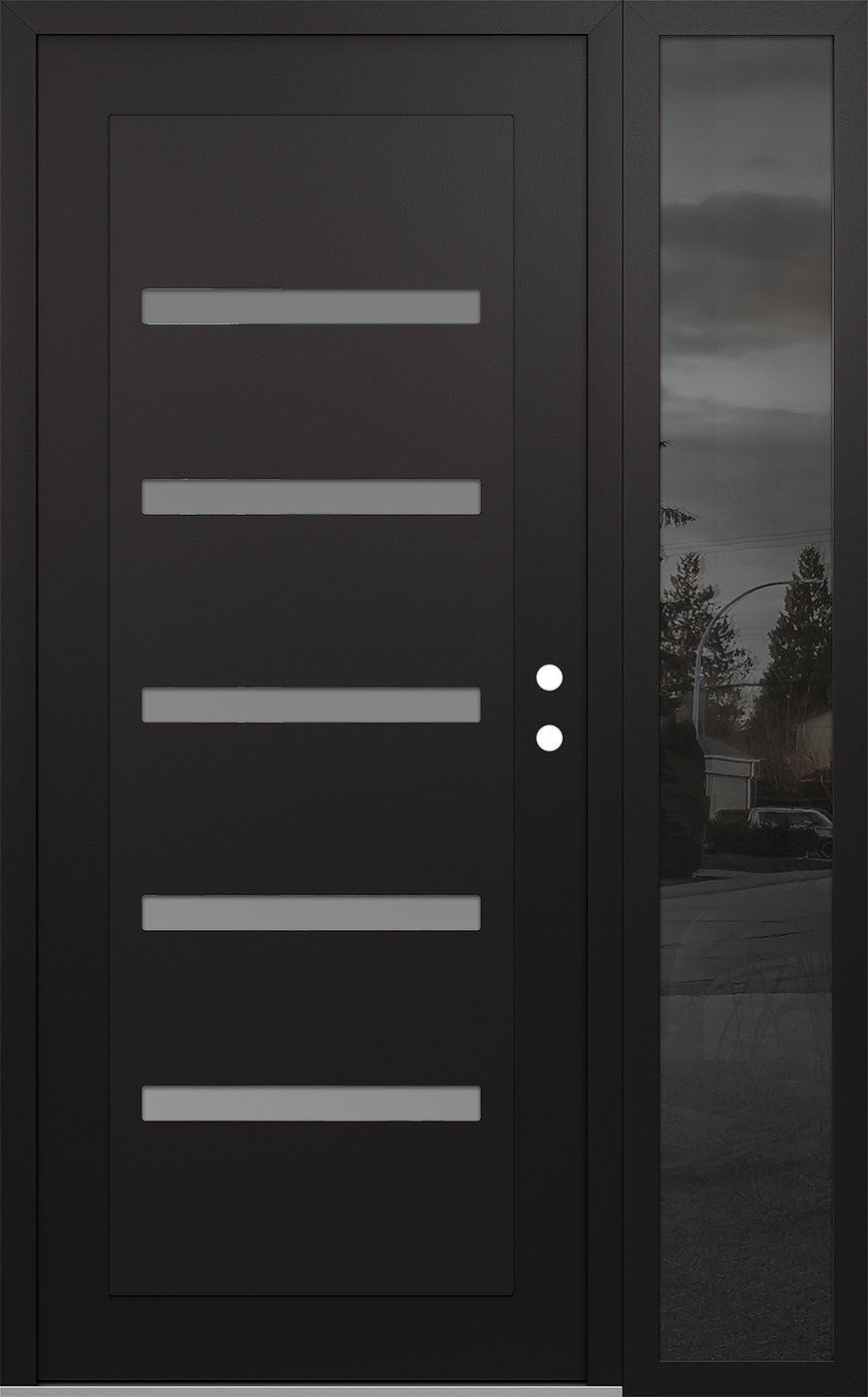 Modern Steel Front Door Diamond C7 48" x 80" black/white frosted Glass Panel black LHI with Sidelite mirrored Glass