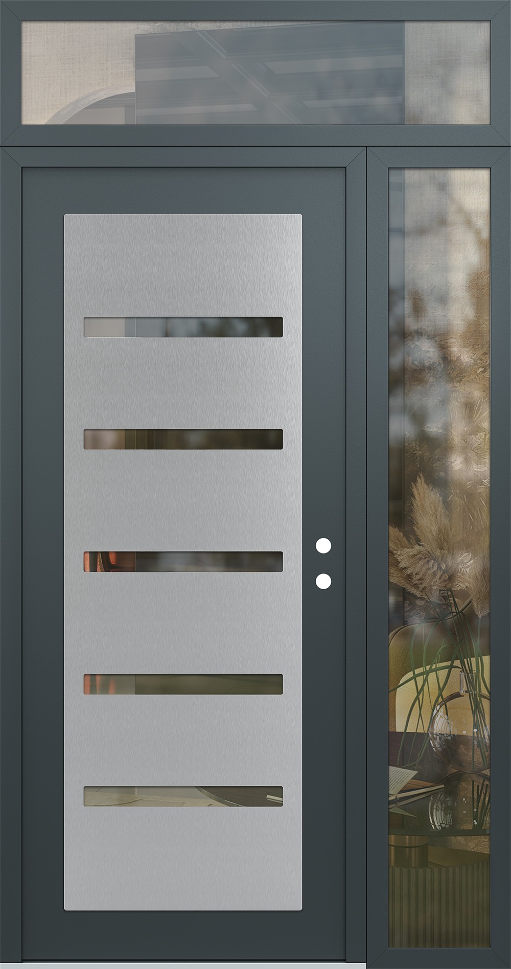 Modern Steel Front Door Diamond C7 48" x 96" anthracite/anthracite clear Glass Panel stainless steel LHI with Sidelite and Transom clear Glass