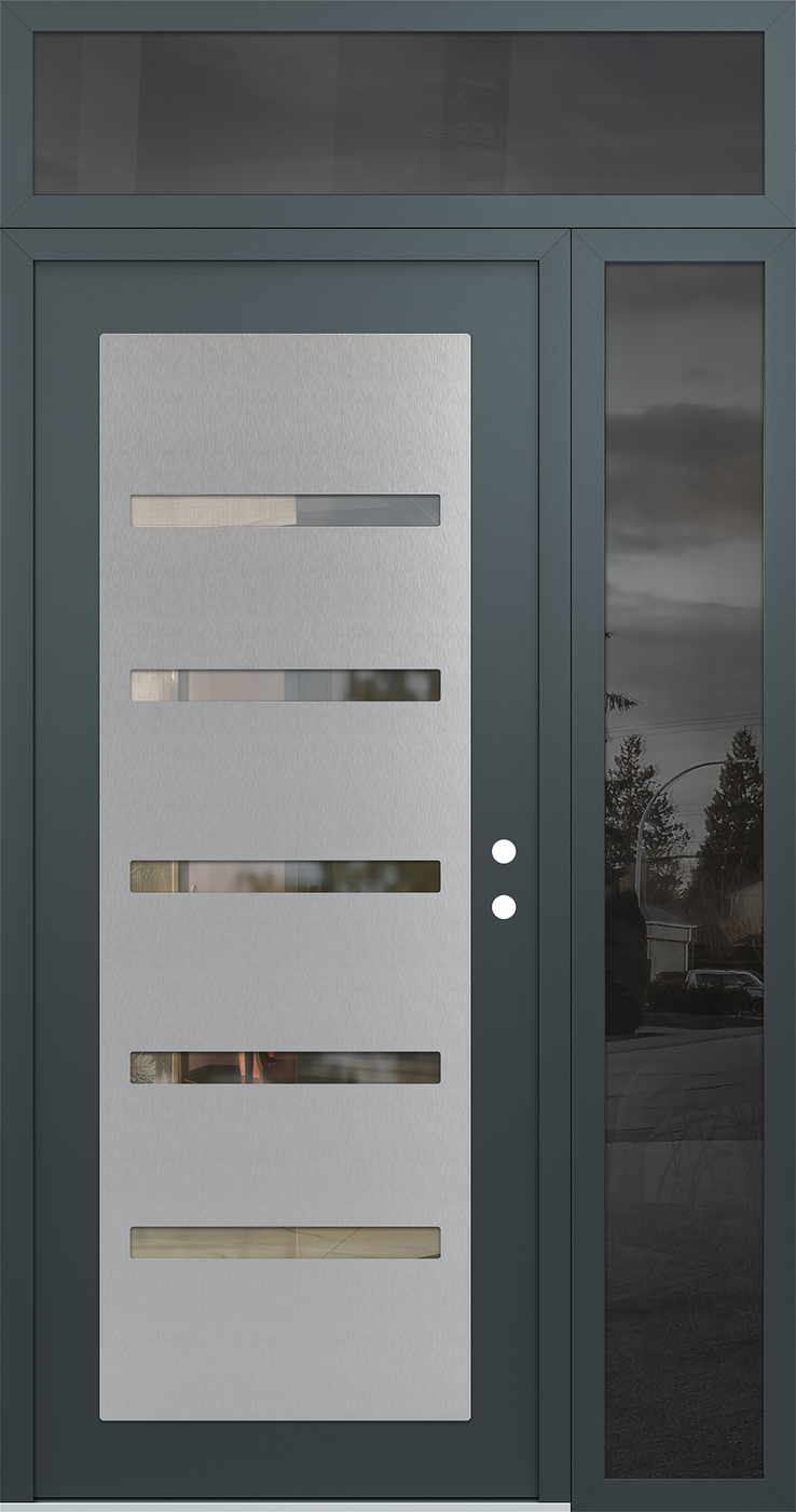 Modern Steel Front Door Diamond C7 48" x 96" anthracite/anthracite clear Glass Panel stainless steel LHI with Sidelite and Transom mirrored Glass