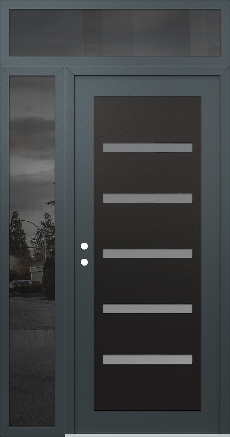Modern Steel Front Door Diamond C7 48" x 96" anthracite/anthracite frosted Glass Panel black RHI with Sidelite and Transom mirrored Glass