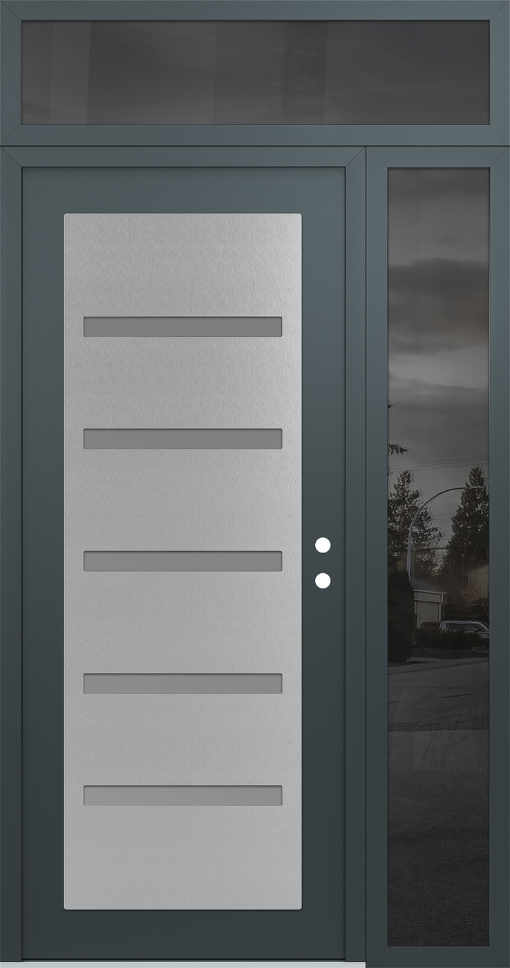 Modern Steel Front Door Diamond C7 48" x 96" anthracite/anthracite frosted Glass Panel stainless steel LHI with Sidelite and Transom mirrored Glass