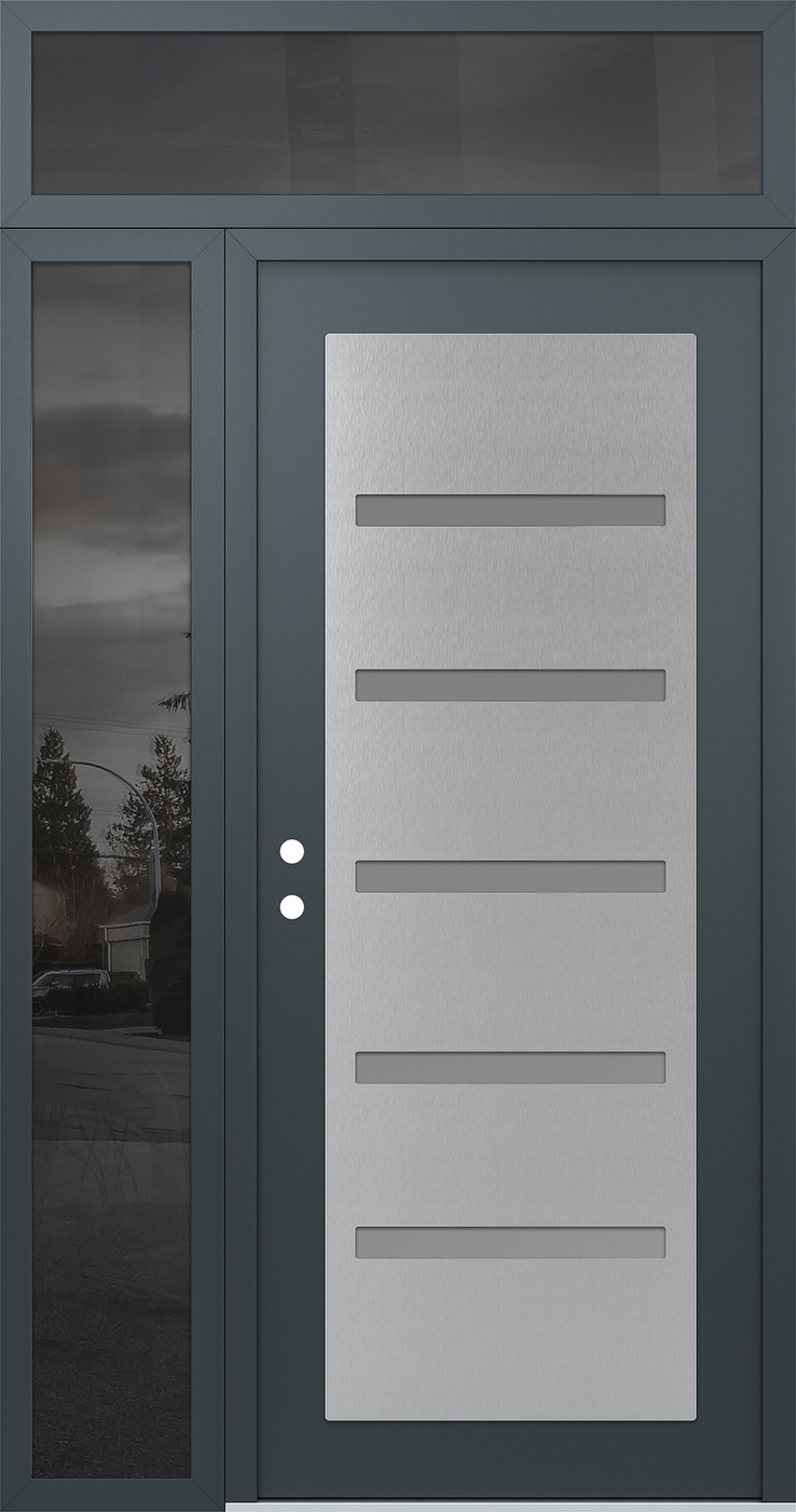 Modern Steel Front Door Diamond C7 48" x 96" anthracite/anthracite frosted Glass Panel stainless steel RHI with Sidelite and Transom mirrored Glass