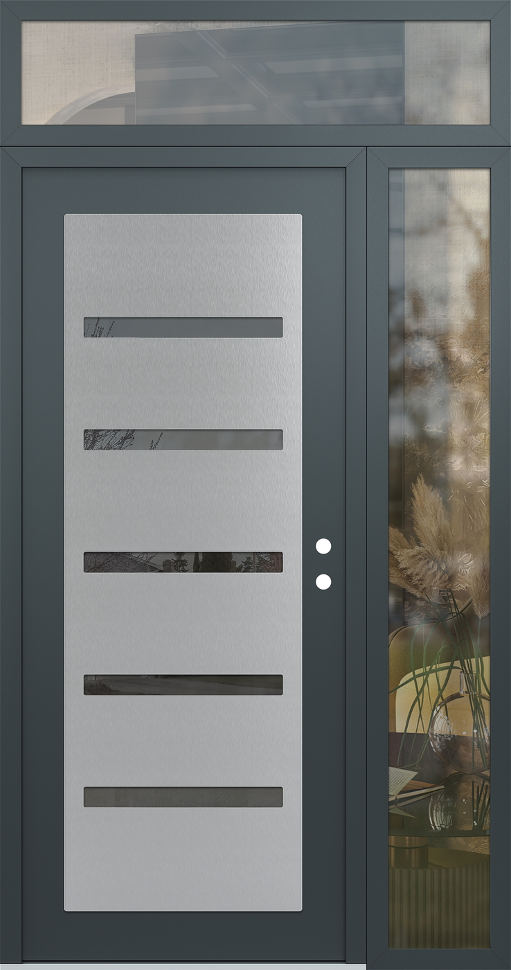 Modern Steel Front Door Diamond C7 48" x 96" anthracite/anthracite mirrored Glass Panel stainless steel LHI with Sidelite and Transom clear Glass
