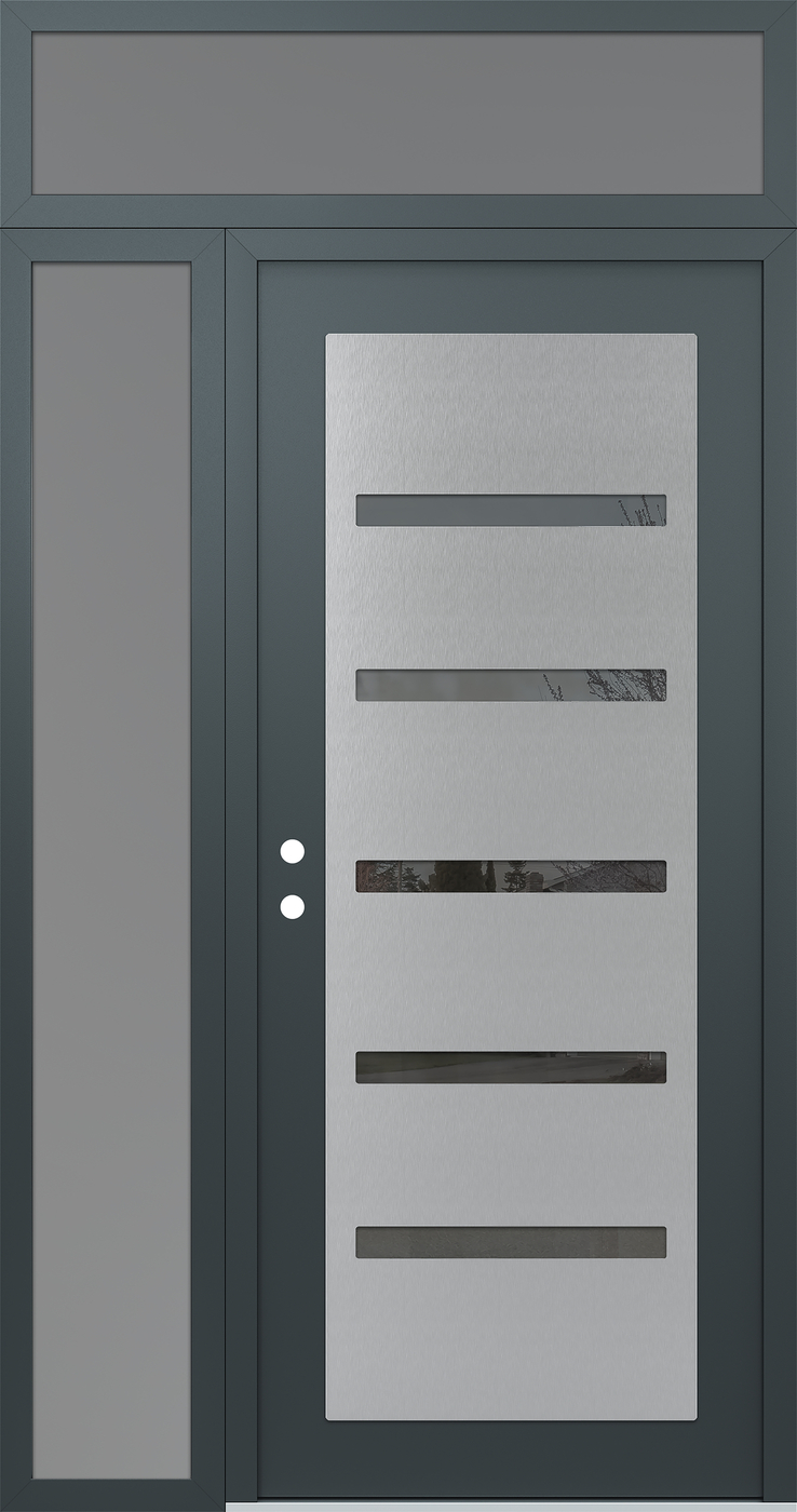 Modern Steel Front Door Diamond C7 48" x 96" anthracite/anthracite mirrored Glass Panel stainless steel RHI with Sidelite and Transom frosted Glass