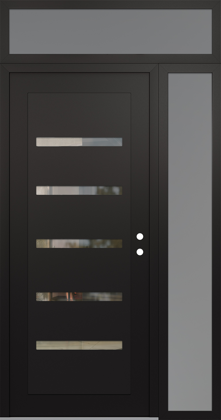 Modern Steel Front Door Diamond C7 48" x 96" black/black clear Glass Panel black LHI with Sidelite and Transom frosted Glass