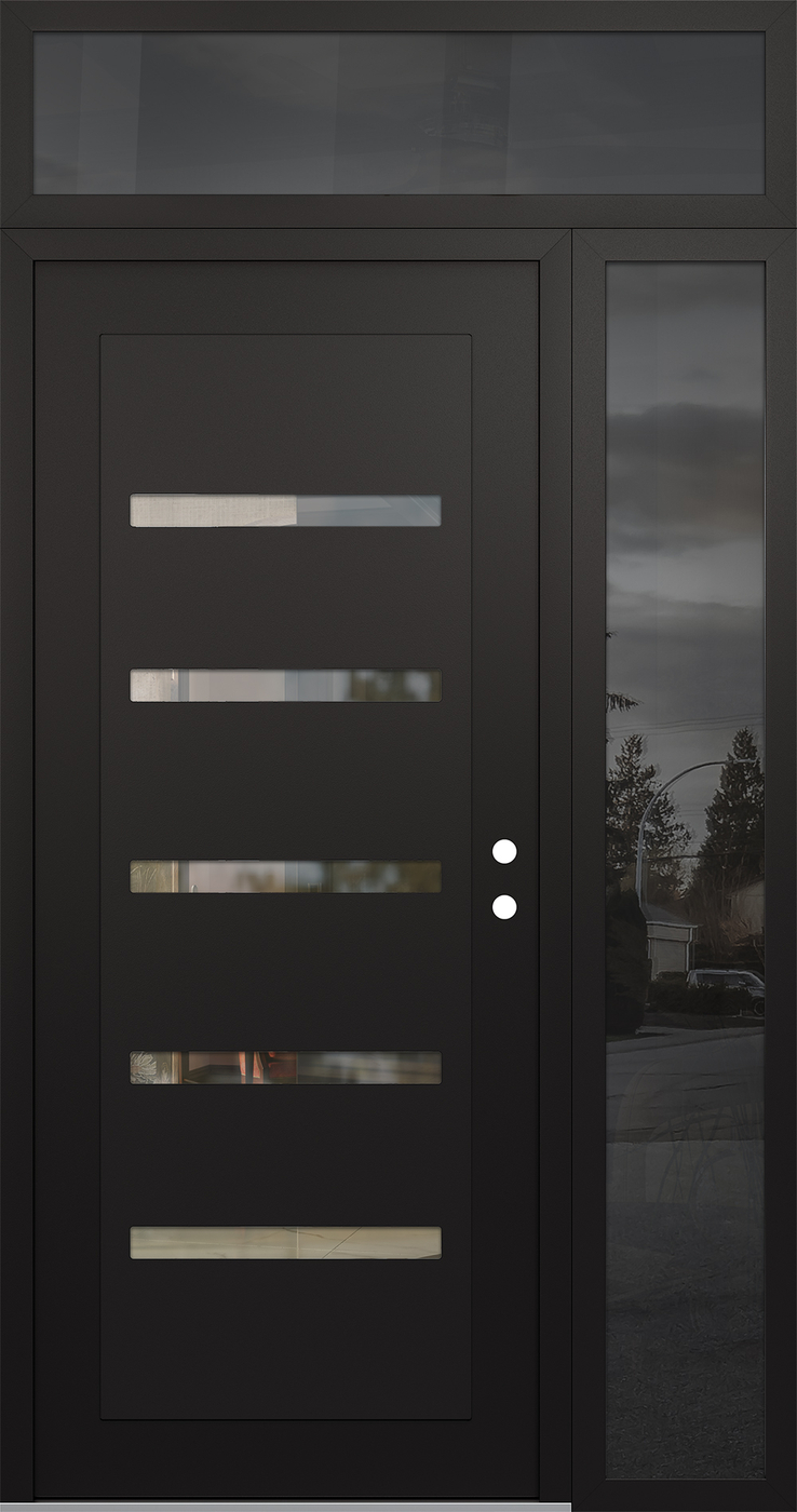 Modern Steel Front Door Diamond C7 48" x 96" black/black clear Glass Panel black LHI with Sidelite and Transom mirrored Glass