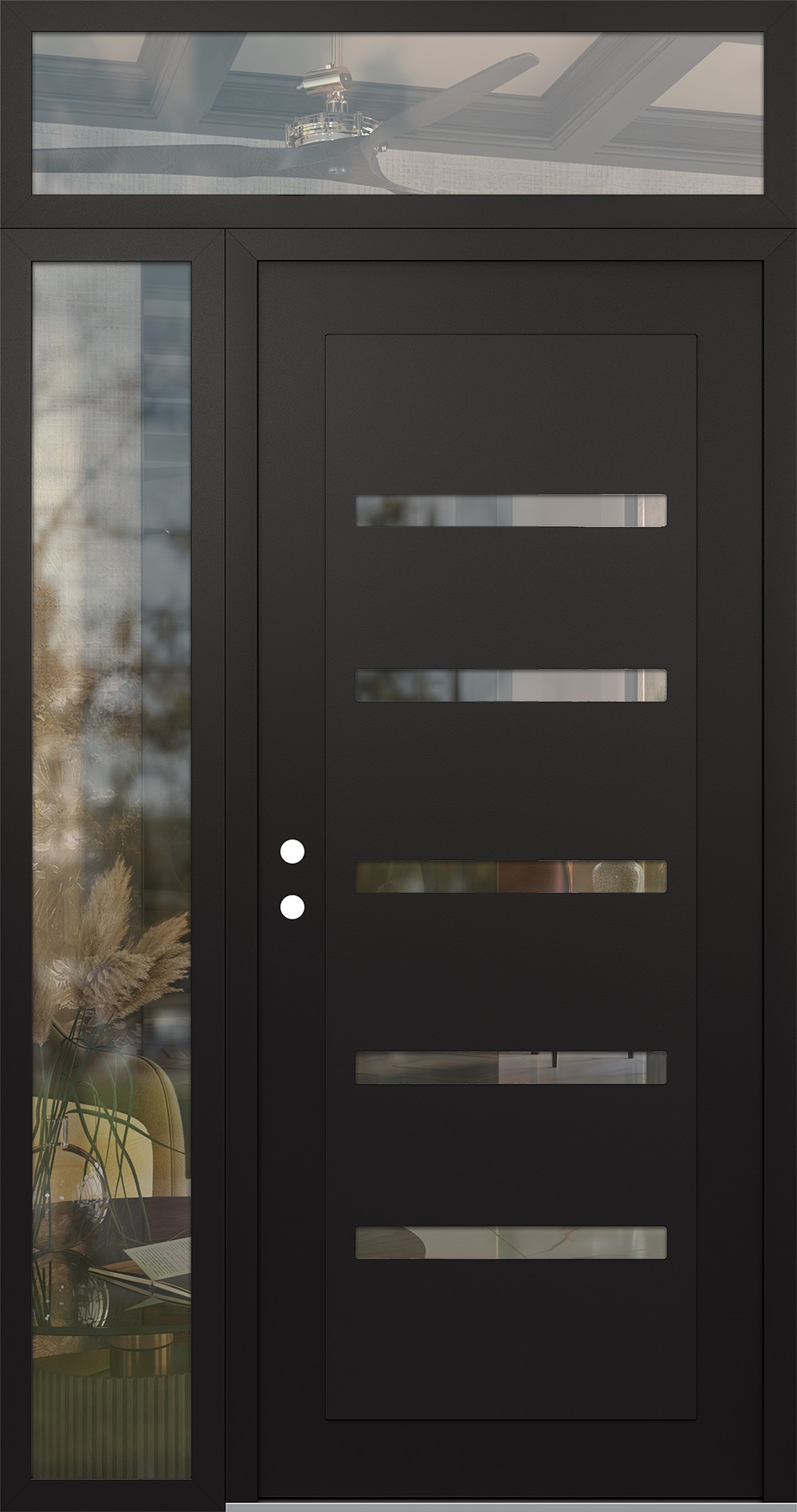 Modern Steel Front Door Diamond C7 48" x 96" black/black clear Glass Panel black RHI with Sidelite and Transom clear Glass