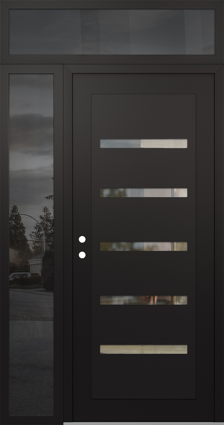 Modern Steel Front Door Diamond C7 48" x 96" black/black clear Glass Panel black RHI with Sidelite and Transom mirrored Glass