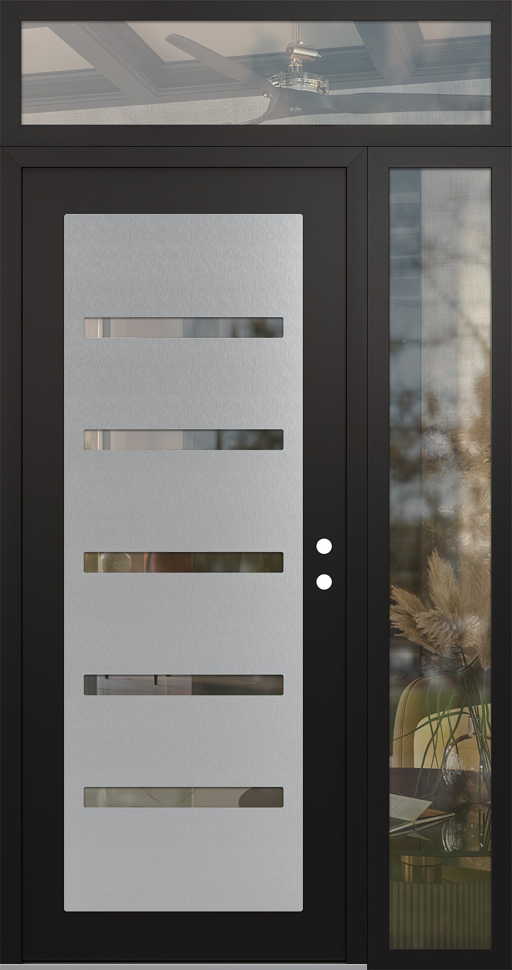Modern Steel Front Door Diamond C7 48" x 96" black/black clear Glass Panel stainless steel LHI with Sidelite and Transom clear Glass
