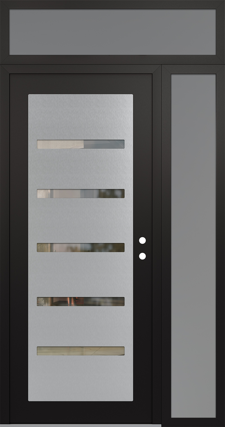 Modern Steel Front Door Diamond C7 48" x 96" black/black clear Glass Panel stainless steel LHI with Sidelite and Transom frosted Glass