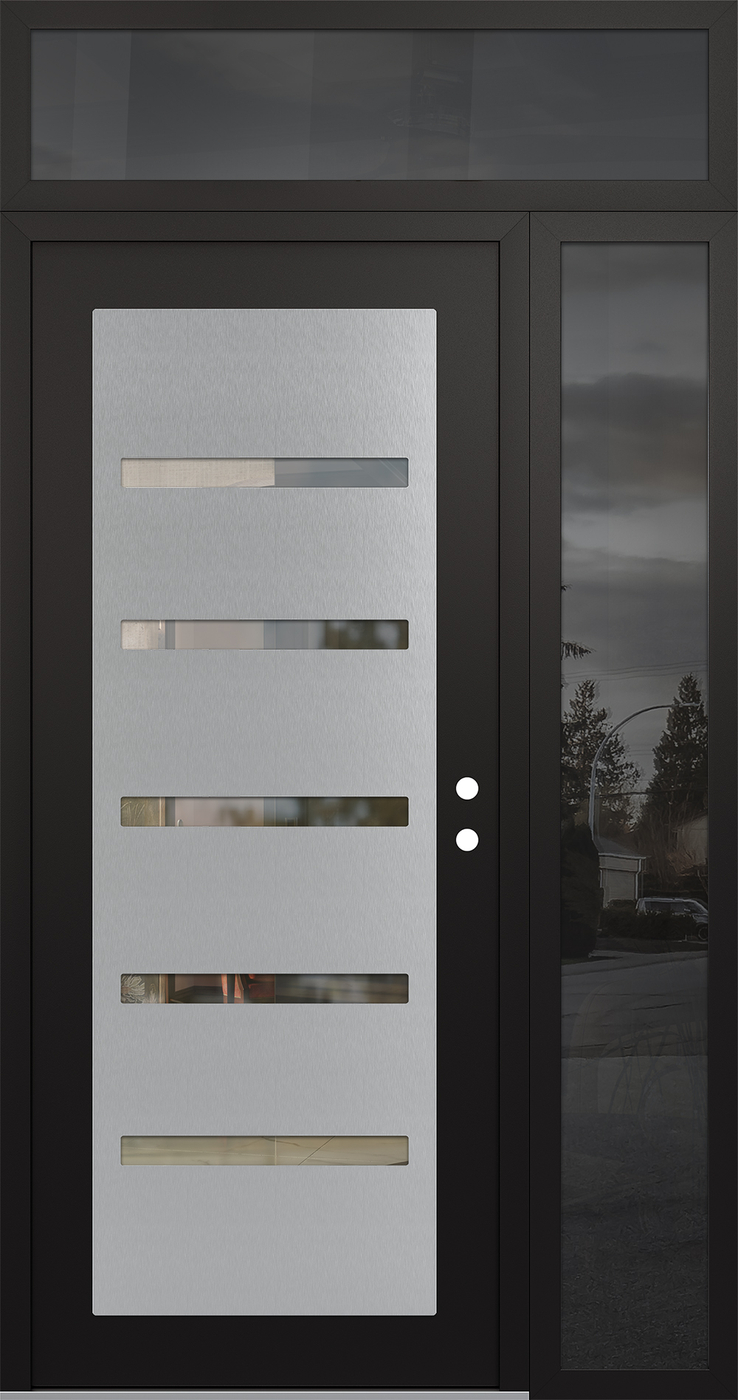 Modern Steel Front Door Diamond C7 48" x 96" black/black clear Glass Panel stainless steel LHI with Sidelite and Transom mirrored Glass
