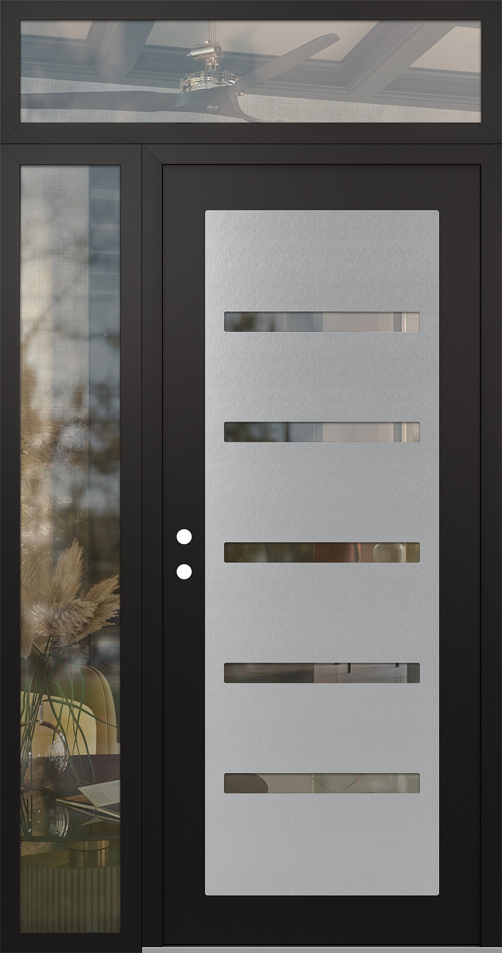 Modern Steel Front Door Diamond C7 48" x 96" black/black clear Glass Panel stainless steel RHI with Sidelite and Transom clear Glass