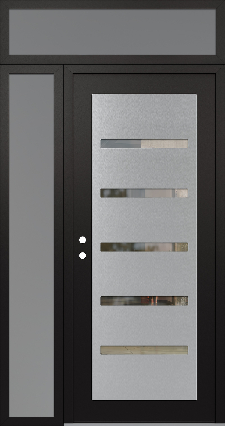 Modern Steel Front Door Diamond C7 48" x 96" black/black clear Glass Panel stainless steel RHI with Sidelite and Transom frosted Glass