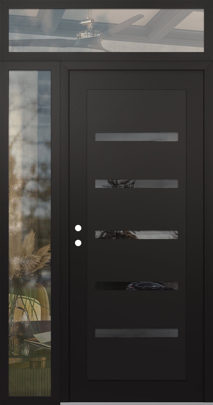 Modern Steel Front Door Diamond C7 48" x 96" black/black mirrored Glass Panel black RHI with Sidelite and Transom clear Glass