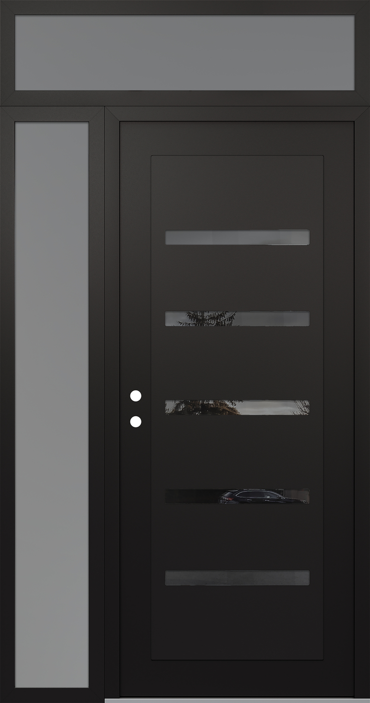 Modern Steel Front Door Diamond C7 48" x 96" black/black mirrored Glass Panel black RHI with Sidelite and Transom frosted Glass