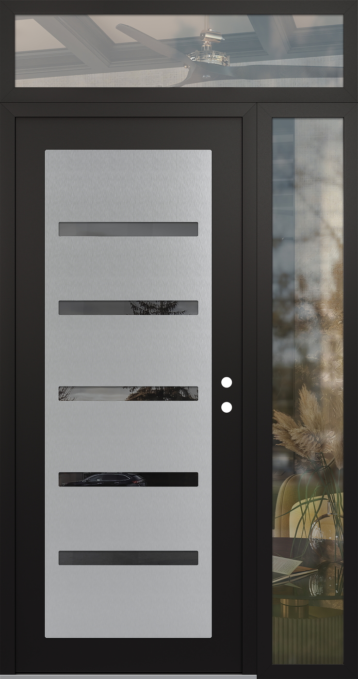 Modern Steel Front Door Diamond C7 48" x 96" black/black mirrored Glass Panel stainless steel LHI with Sidelite and Transom clear Glass