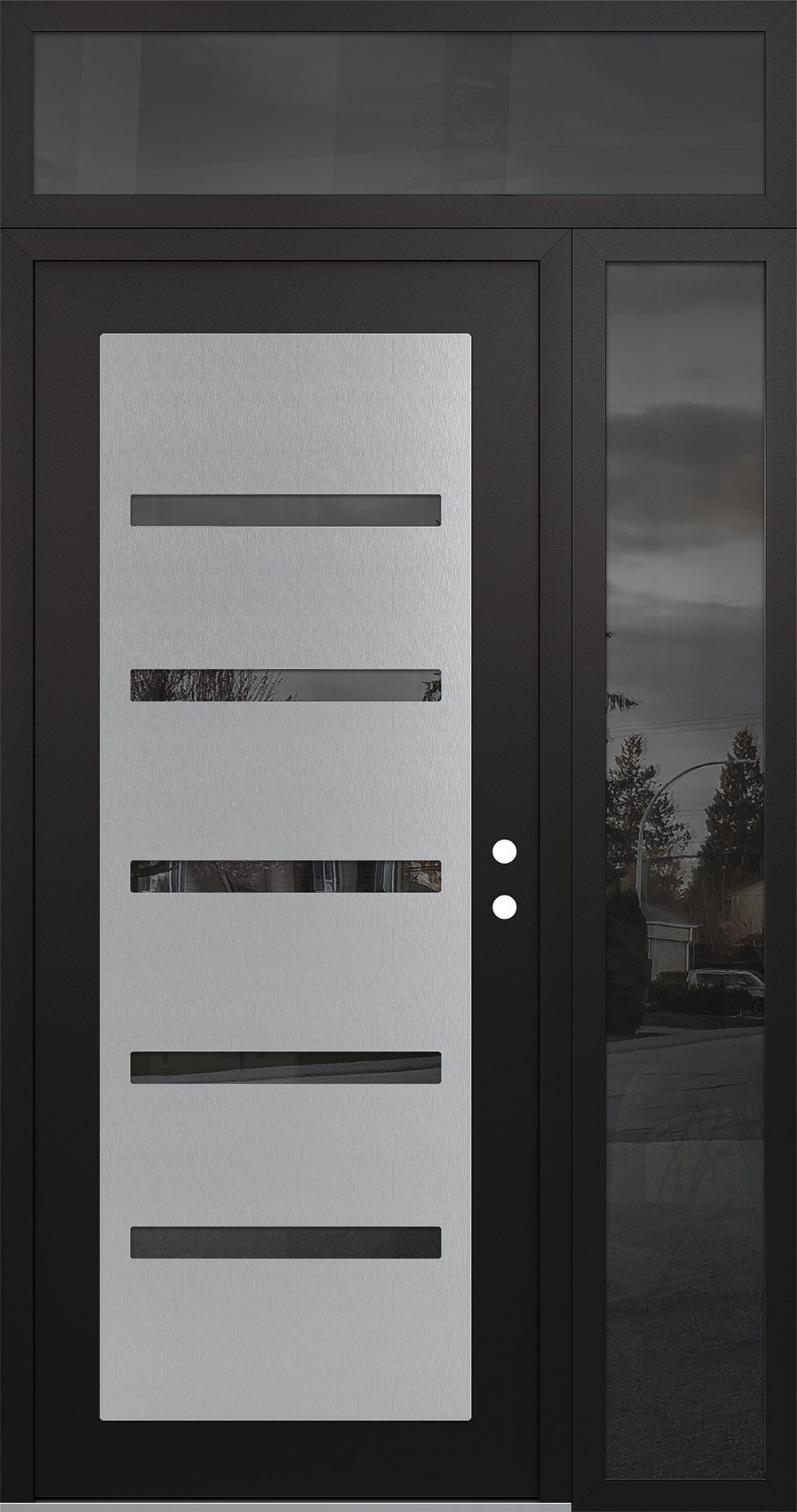 Modern Steel Front Door Diamond C7 48" x 96" black/black mirrored Glass Panel stainless steel LHI with Sidelite and Transom mirrored Glass