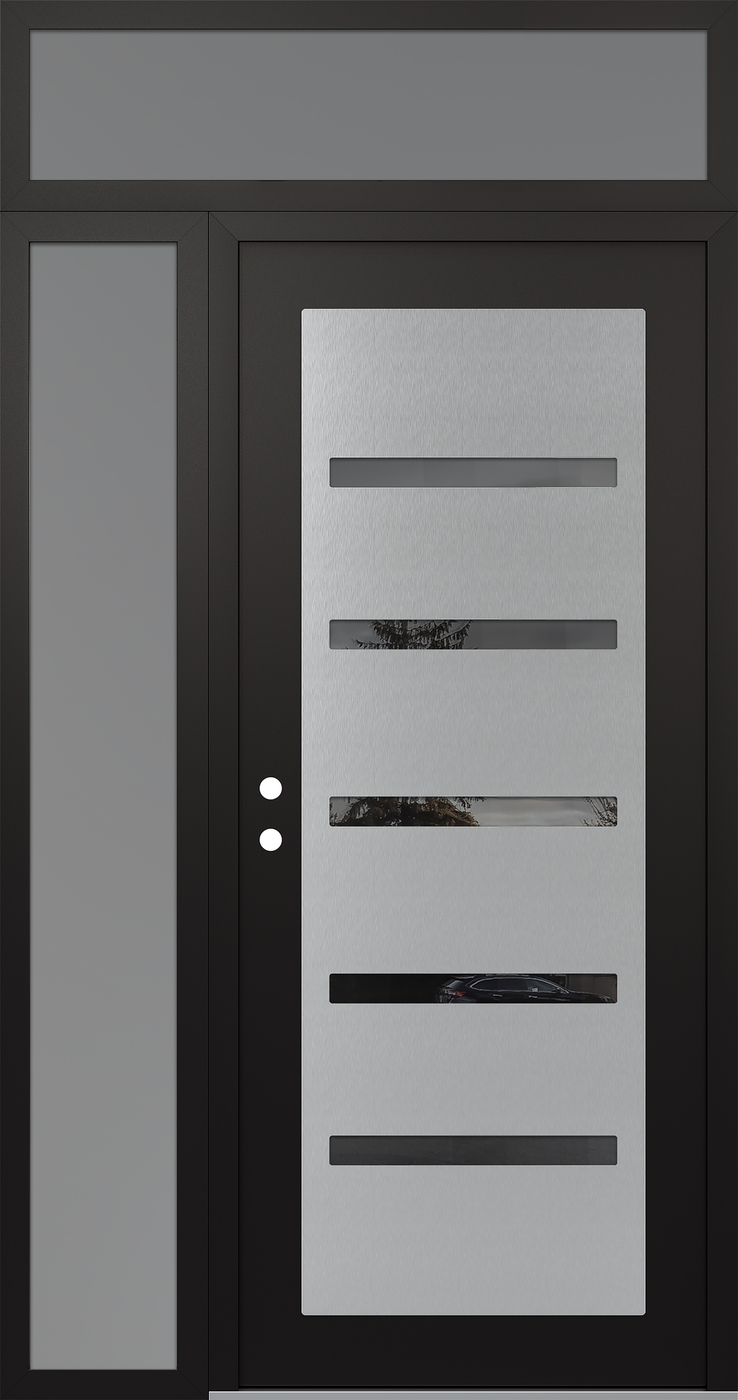 Modern Steel Front Door Diamond C7 48" x 96" black/black mirrored Glass Panel stainless steel RHI with Sidelite and Transom frosted Glass