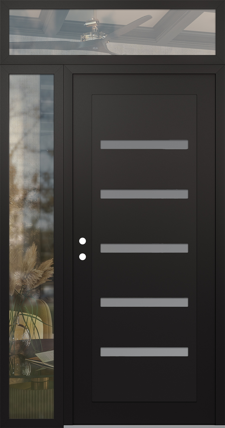 Modern Steel Front Door Diamond C7 48" x 96" black/white frosted Glass Panel black RHI with Sidelite and Transom clear Glass