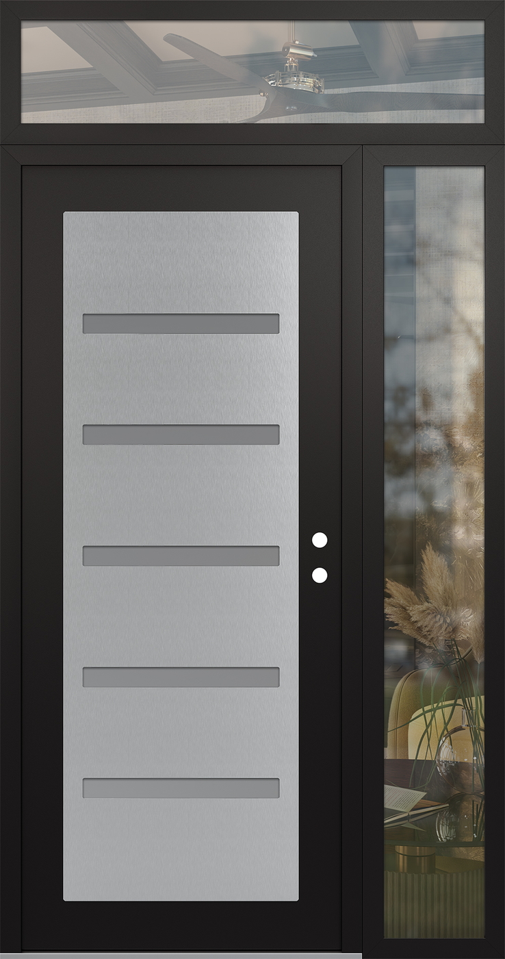 Modern Steel Front Door Diamond C7 48" x 96" black/white frosted Glass Panel stainless steel LHI with Sidelite and Transom clear Glass