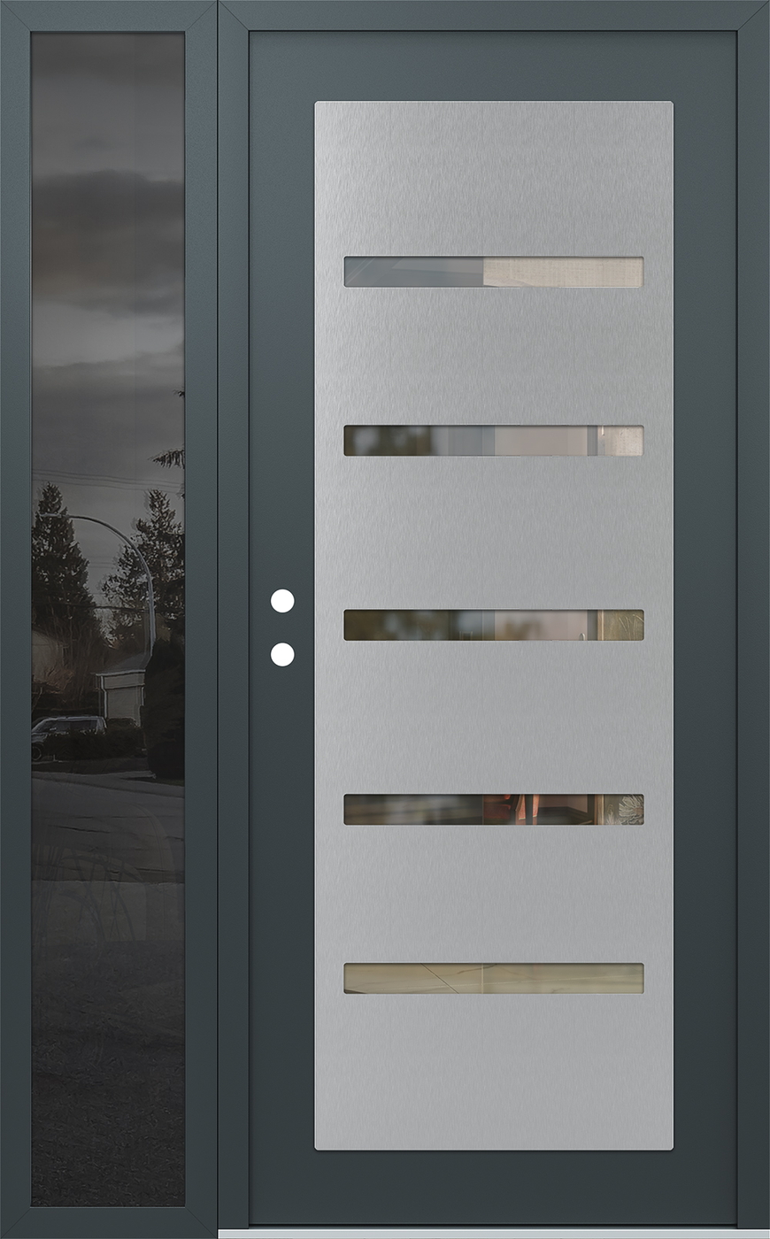 Modern Steel Front Door Diamond C7 50" x 80" anthracite/anthracite clear Glass Panel stainless steel RHI with Sidelite mirrored Glass