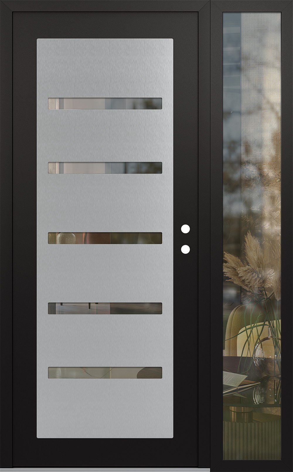 Modern Steel Front Door Diamond C7 50" x 80" black/black clear Glass Panel stainless steel LHI with Sidelite clear Glass
