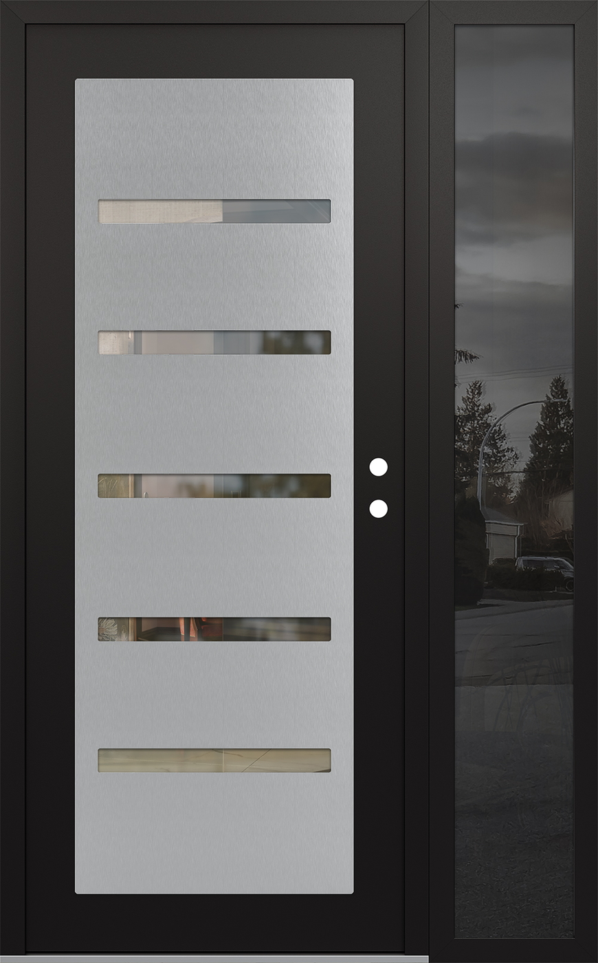 Modern Steel Front Door Diamond C7 50" x 80" black/black clear Glass Panel stainless steel LHI with Sidelite mirrored Glass