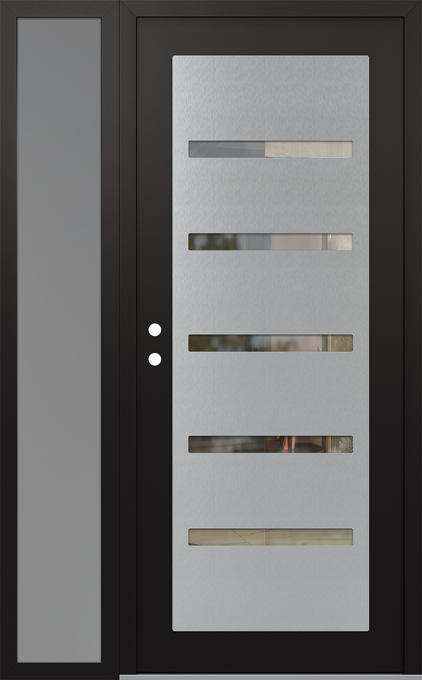 Modern Steel Front Door Diamond C7 50" x 80" black/black clear Glass Panel stainless steel RHI with Sidelite frosted Glass