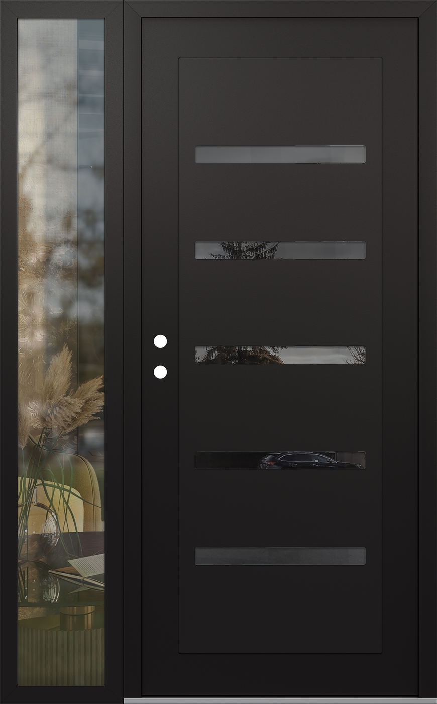 Modern Steel Front Door Diamond C7 50" x 80" black/black mirrored Glass Panel black RHI with Sidelite clear Glass