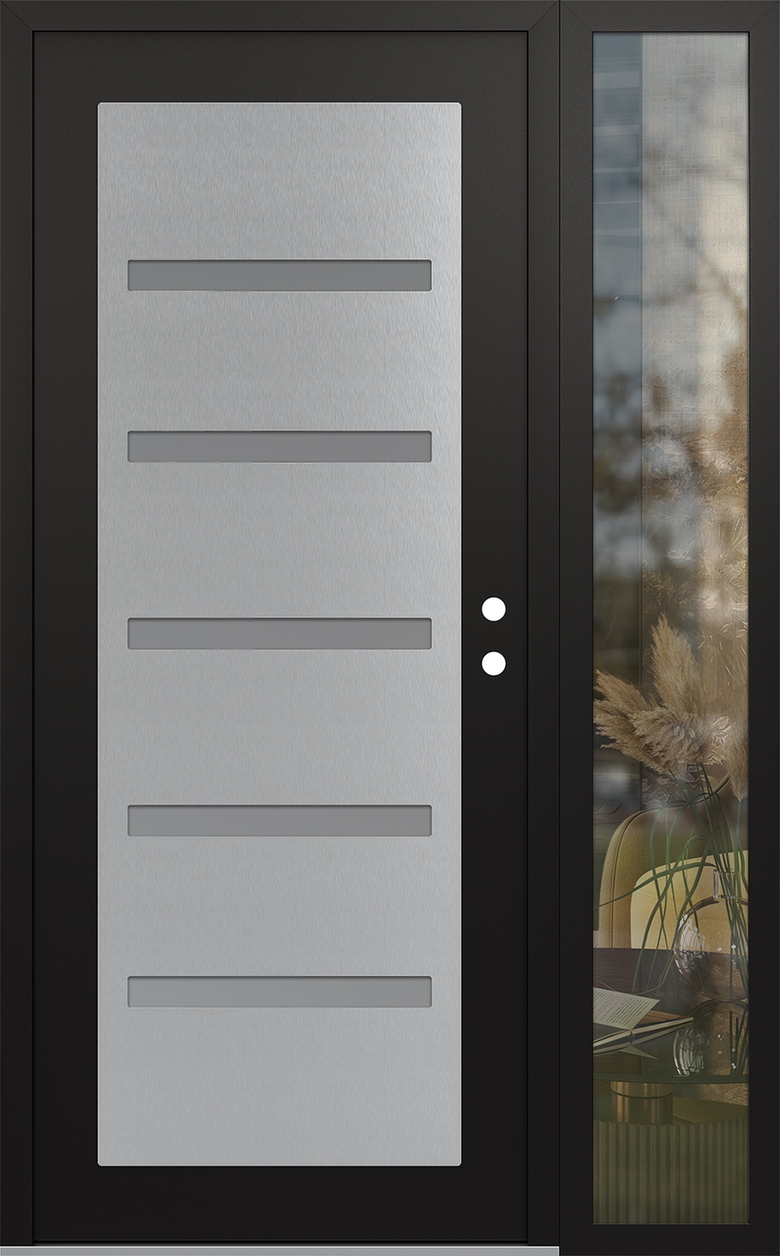 Modern Steel Front Door Diamond C7 50" x 80" black/white frosted Glass Panel stainless steel LHI with Sidelite clear Glass