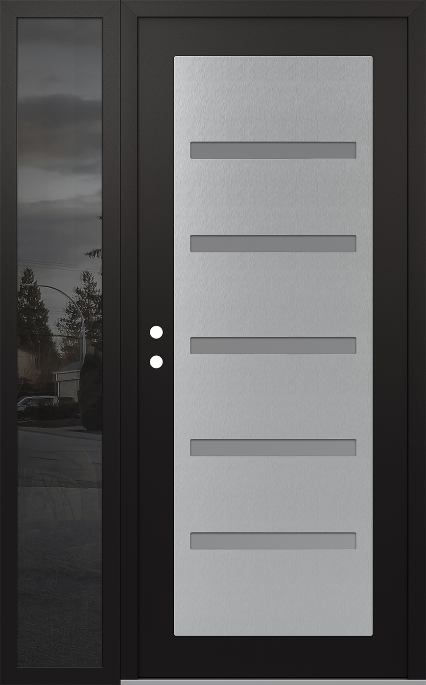 Modern Steel Front Door Diamond C7 50" x 80" black/white frosted Glass Panel stainless steel RHI with Sidelite mirrored Glass