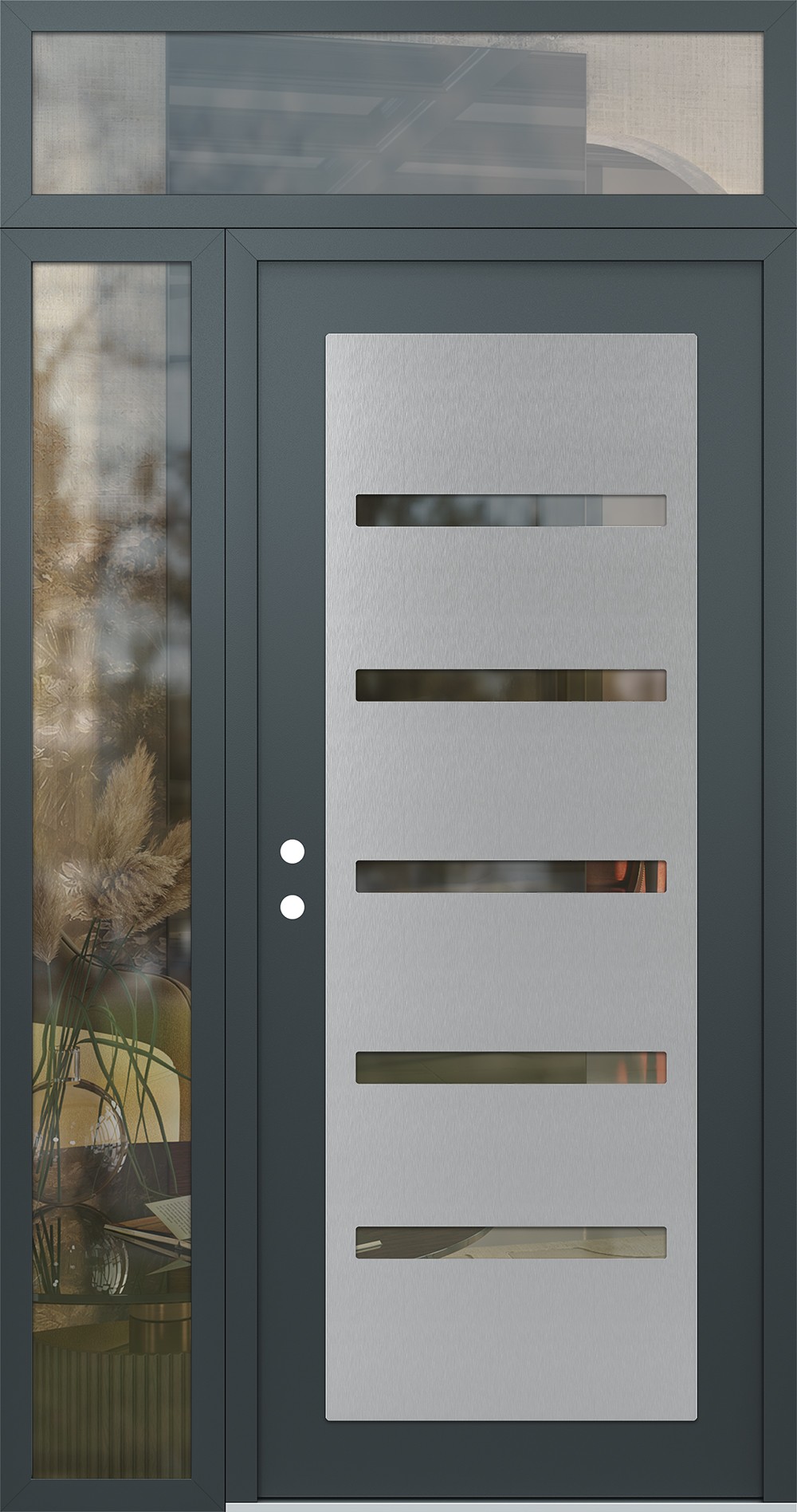 Modern Steel Front Door Diamond C7 50" x 96" anthracite/anthracite clear Glass Panel stainless steel RHI with Sidelite and Transom clear Glass