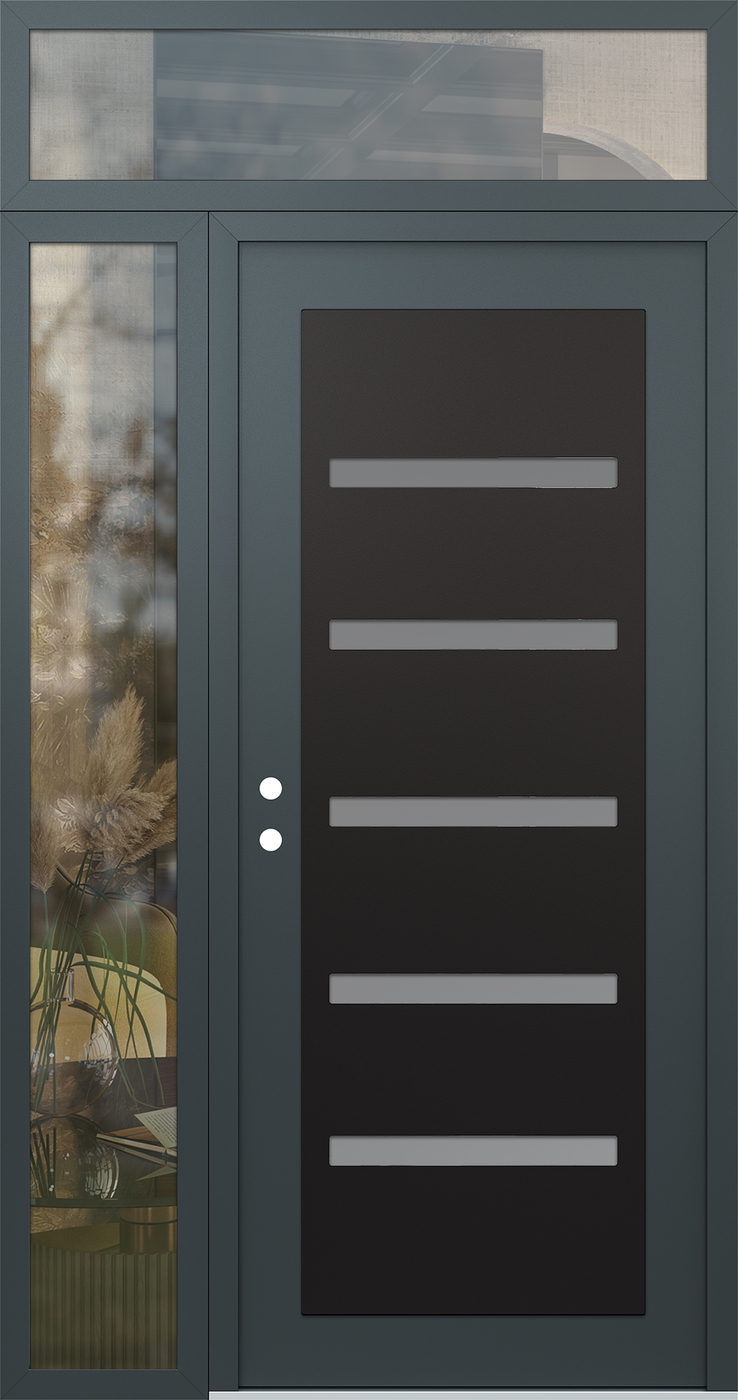 Modern Steel Front Door Diamond C7 50" x 96" anthracite/anthracite frosted Glass Panel black RHI with Sidelite and Transom clear Glass