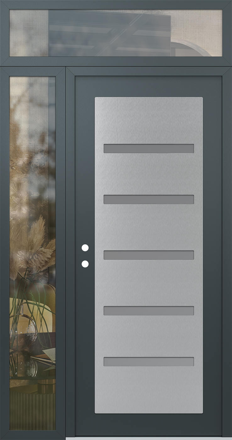 Modern Steel Front Door Diamond C7 50" x 96" anthracite/anthracite frosted Glass Panel stainless steel RHI with Sidelite and Transom clear Glass