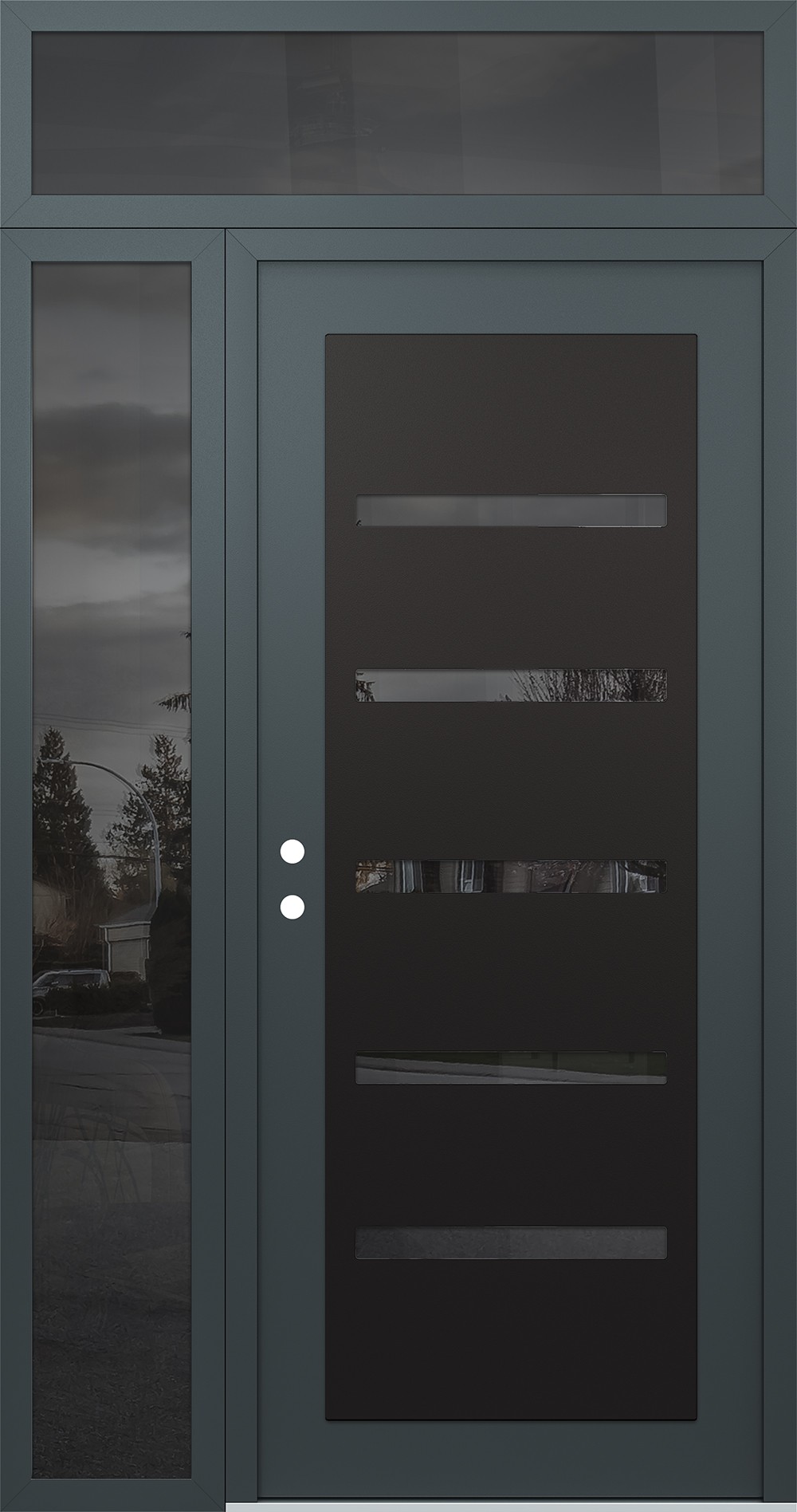 Modern Steel Front Door Diamond C7 50" x 96" anthracite/anthracite mirrored Glass Panel black RHI with Sidelite and Transom mirrored Glass