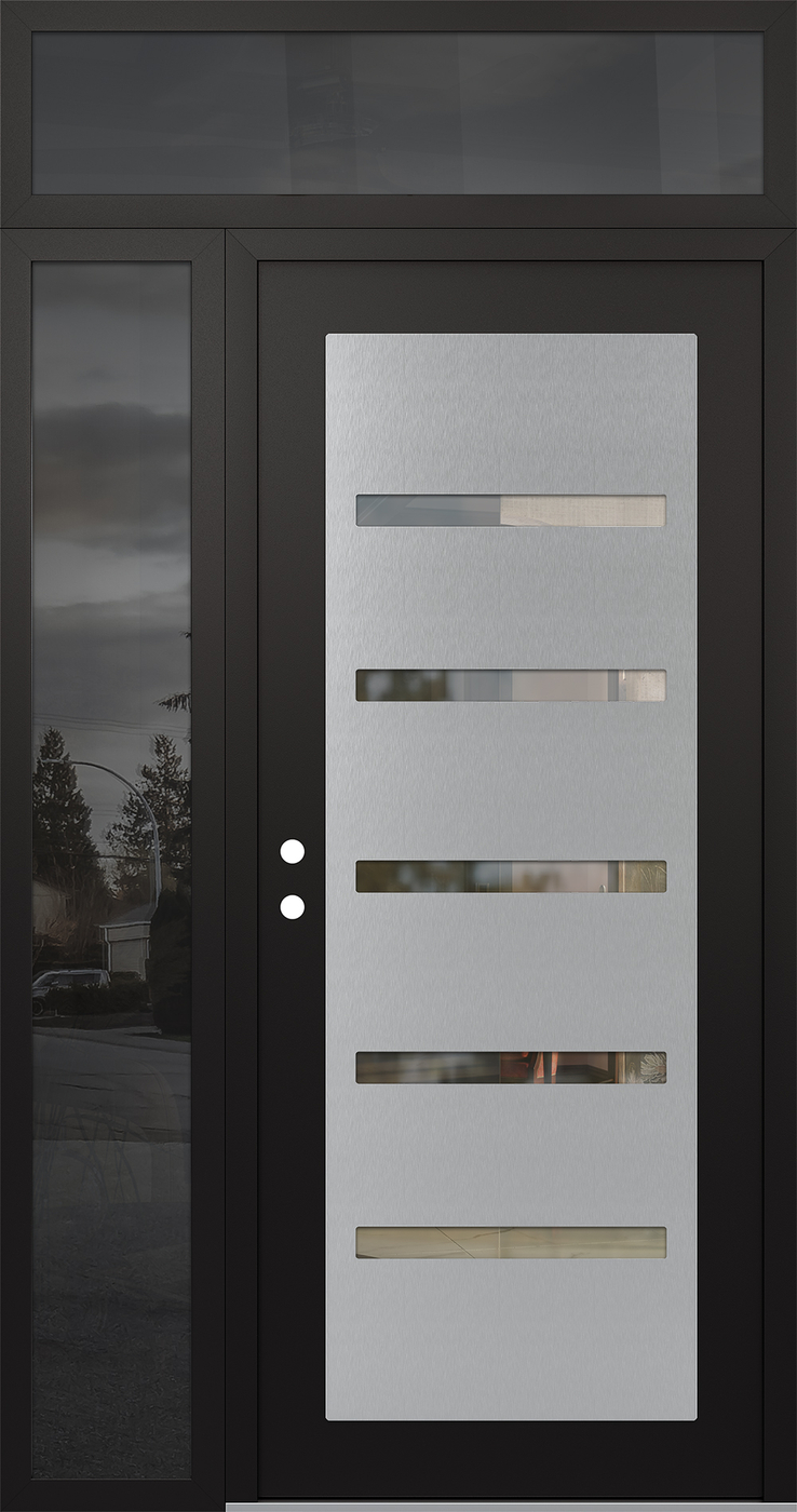 Modern Steel Front Door Diamond C7 50" x 96" black/black clear Glass Panel stainless steel RHI with Sidelite and Transom mirrored Glass