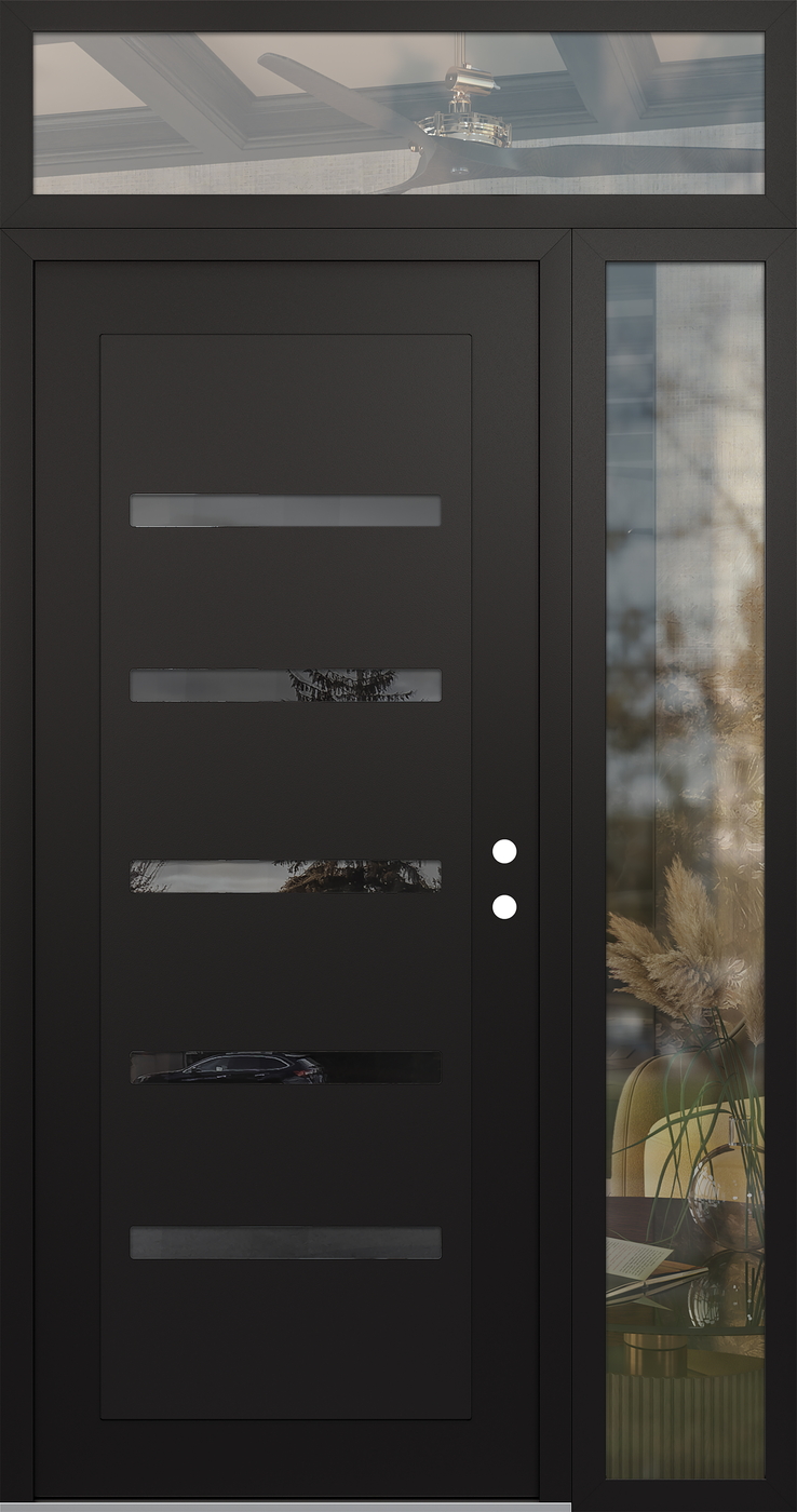 Modern Steel Front Door Diamond C7 50" x 96" black/black mirrored Glass Panel black LHI with Sidelite and Transom clear Glass