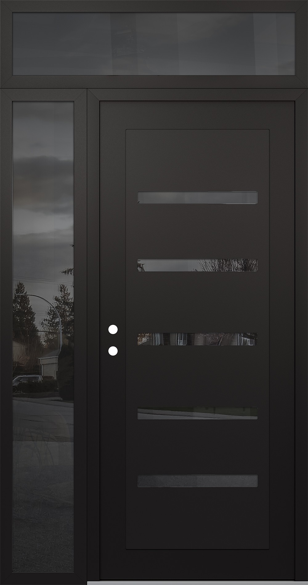 Modern Steel Front Door Diamond C7 50" x 96" black/black mirrored Glass Panel black RHI with Sidelite and Transom mirrored Glass