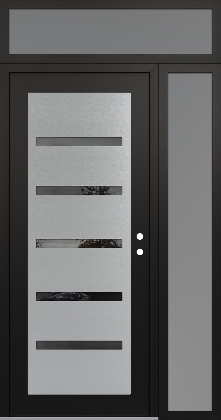 Modern Steel Front Door Diamond C7 50" x 96" black/black mirrored Glass Panel stainless steel LHI with Sidelite and Transom frosted Glass