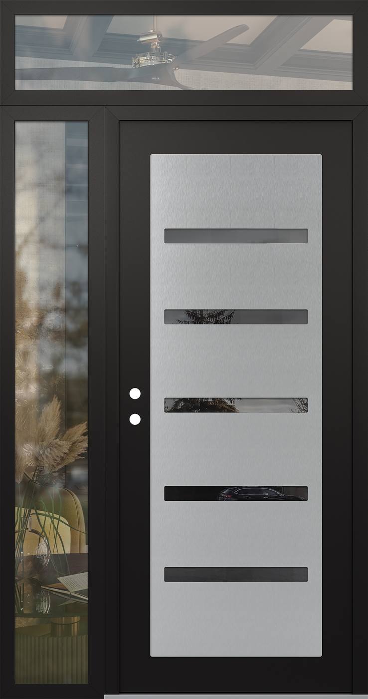 Modern Steel Front Door Diamond C7 50" x 96" black/black mirrored Glass Panel stainless steel RHI with Sidelite and Transom clear Glass