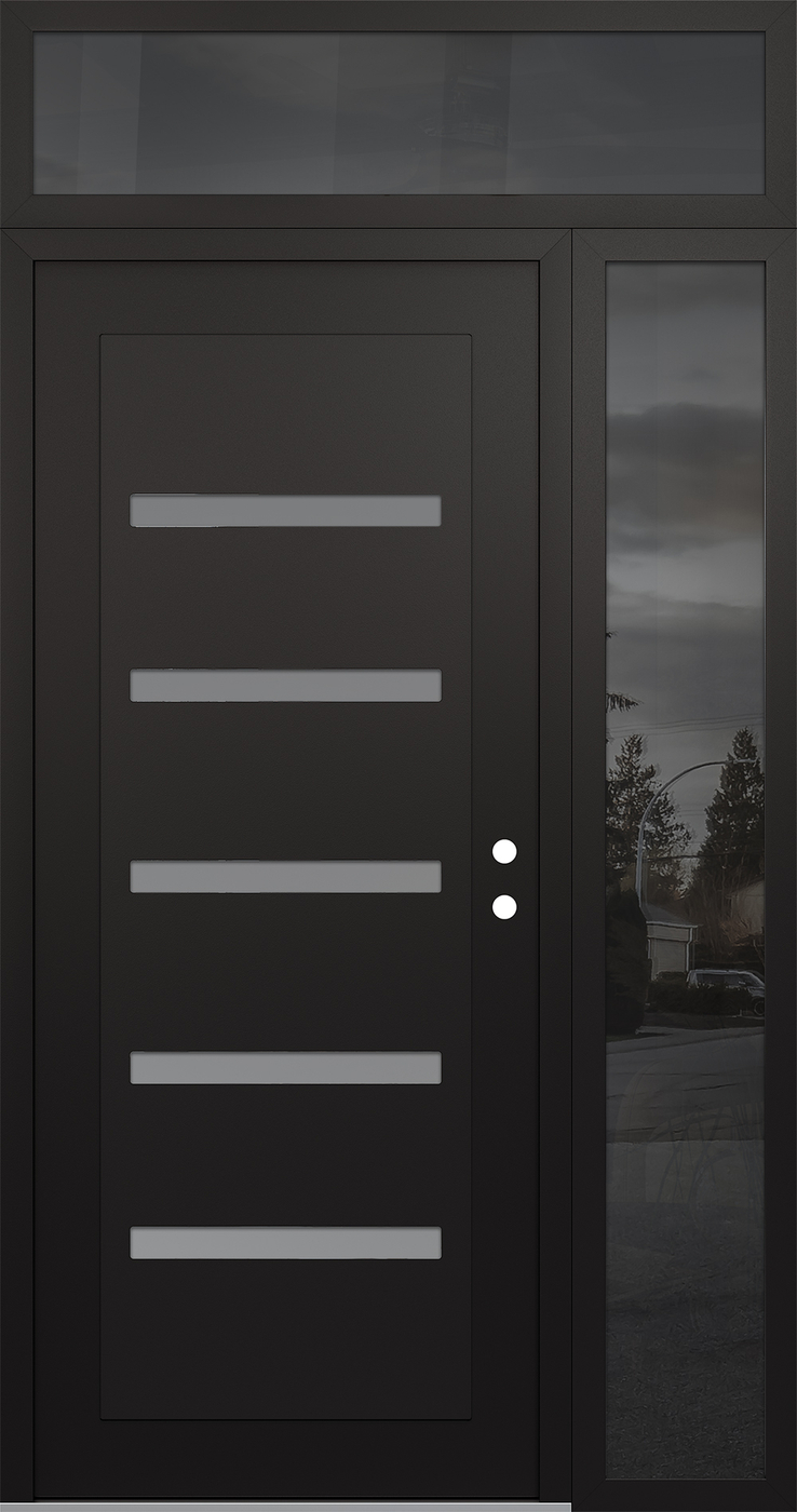 Modern Steel Front Door Diamond C7 50" x 96" black/white frosted Glass Panel black LHI with Sidelite and Transom mirrored Glass